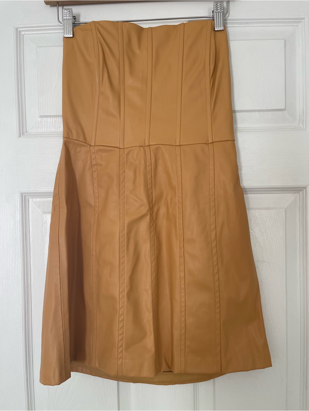 Zara leather strapless mini dress camel brown structured bodice medium
